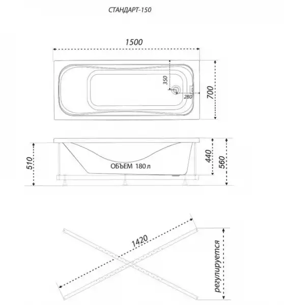 Ванна 1500х700 СТАНДАРТ Экстра на каркасе с экраном и сифоном  (Тритон)