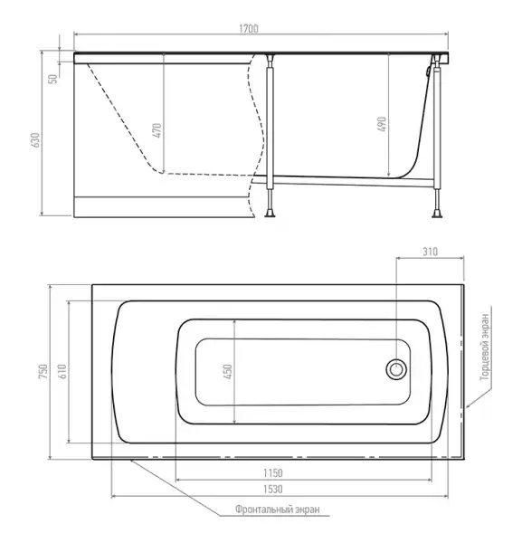 Ванна 1700х750 Garda на каркасе с экраном и сифоном (Alex Baitler)