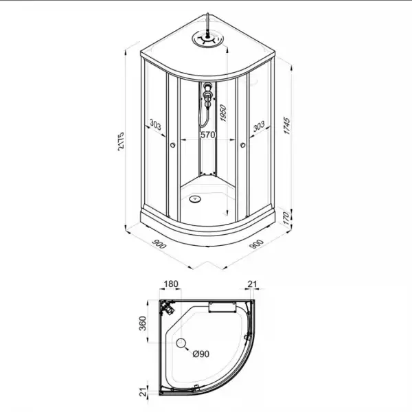 Душевая кабина 900х900 Лайт А, низкий поддон (ДН4, 7 мест+сифон D90мм)
