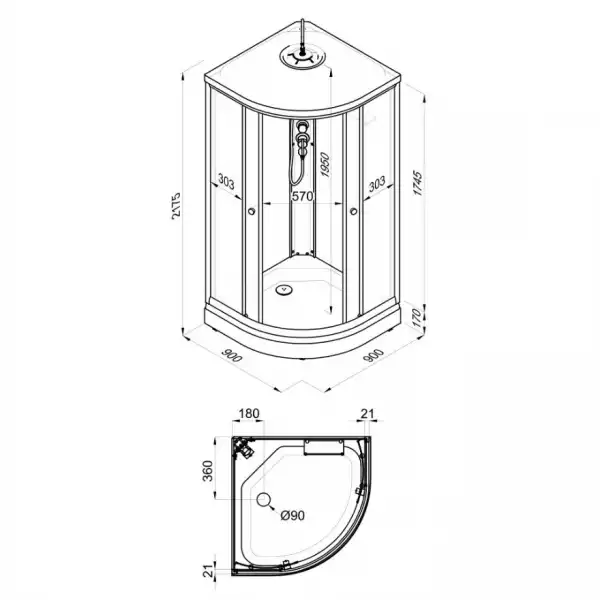 Душевая кабина 900х900 Лайт А, низкий поддон (ДН4, 7 мест+сифон D90мм)