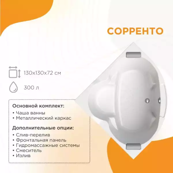 Ванна 1300x1300 СОРРЕНТО на каркасе с экраном