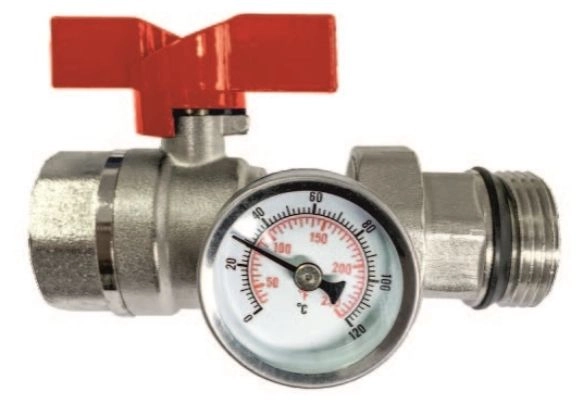 Кран шар д=25 б г/ш (американка) с термометром (красная/синяя ручка) TAEN