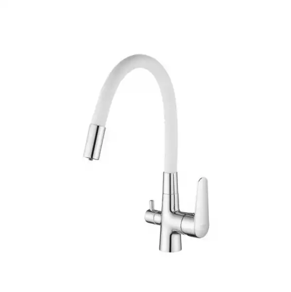 Смеситель для кухни, гибкий излив, с краном для питьевой воды, белый, Coral (CL03W) ESKO