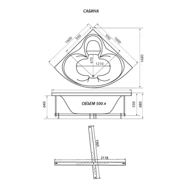 Ванна 1600х1600 САБИНА на каркасе с сифоном, без экрана (Тритон)