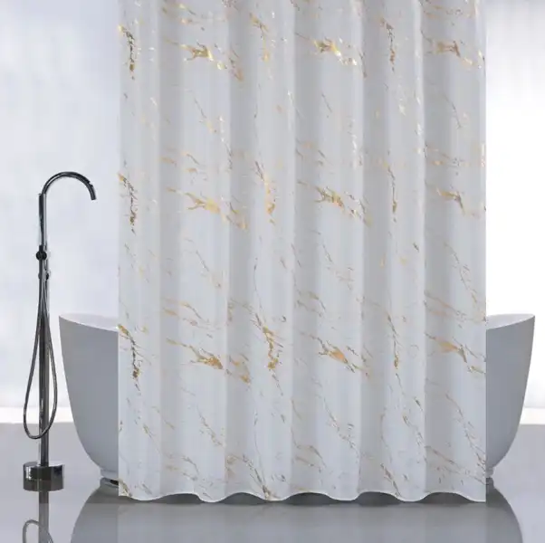 Занавеска для ванной 1800х1800 полиэстер, БЕЛЫЙ МРАМОР с ЗОЛОТОМ, без колец (01-109) САНАКС