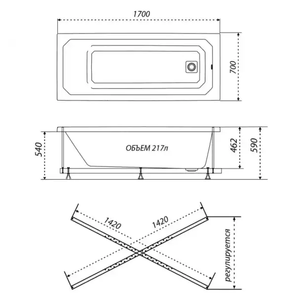 Ванна 1700х700 ПРАГА без каркаса, без экрана, без сифона (Тритон)