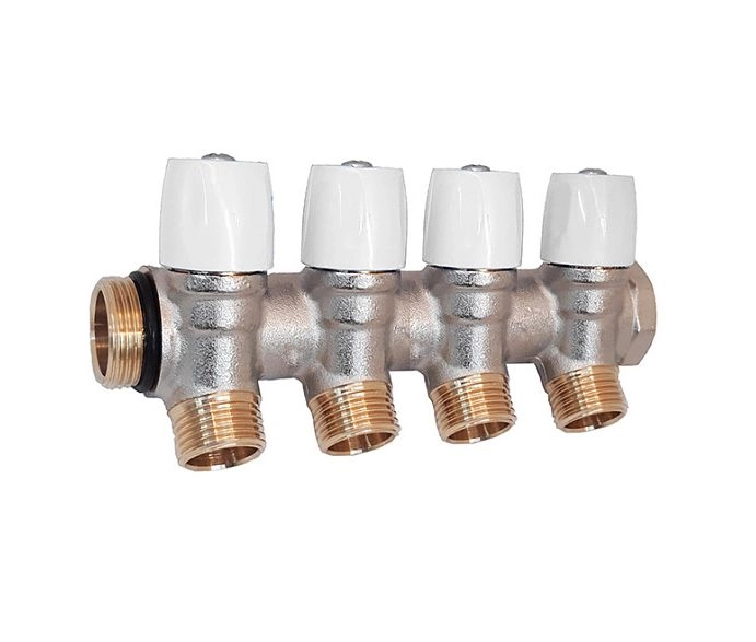 Коллектор латунный никелированный с регул.вентилями 4 вых. 3/4 х1/2 ЕК (НB-6200E7N0504W4A) HOOBS