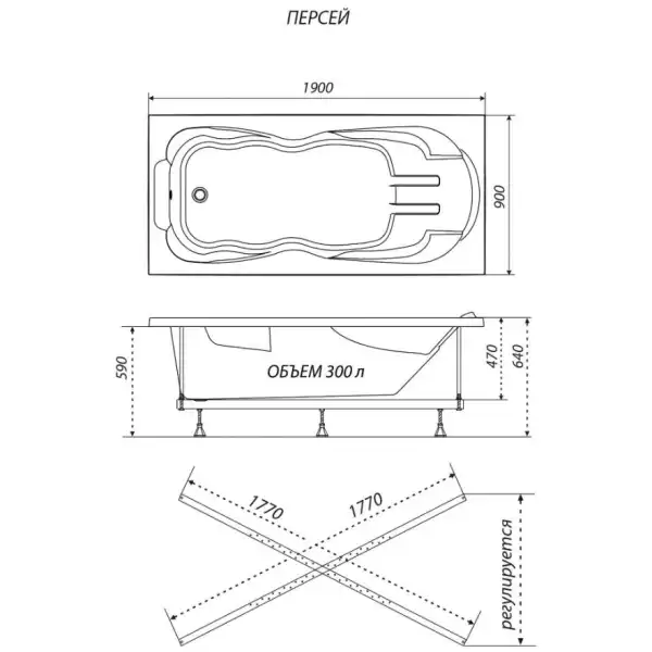 Ванна 1900х900 ПЕРСЕЙ на каркасе, без экрана, без сифона (Тритон)