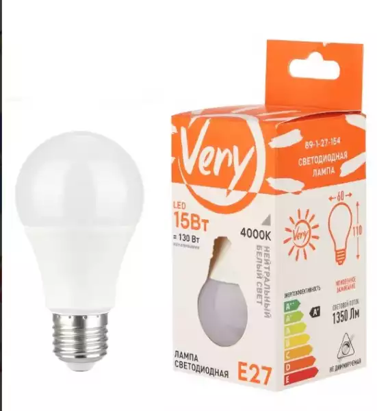 Лампа светодиодная груша А60 15Вт 4000К Е27 VERY (89-1-27-154)