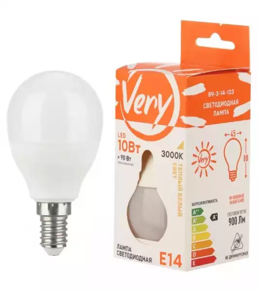 Лампа светодиодная шар GL45 10Вт 3000К Е14 VERY (89-3-14-103)