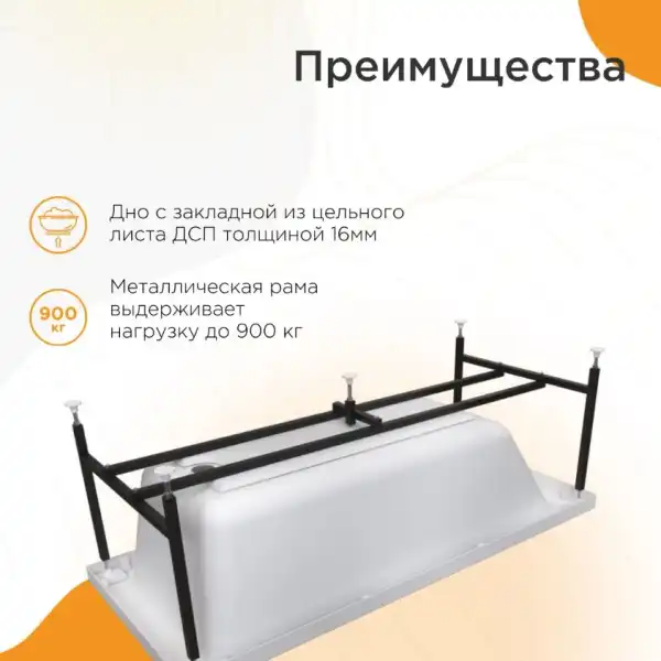 Ванна 1750x750 АГАТА на каркасе, без экрана с сифоном