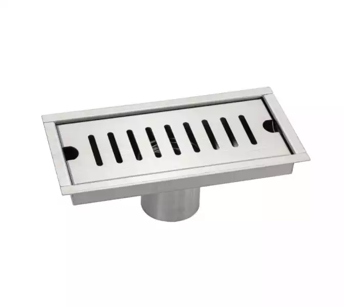 Трап д=50 вертикальный нерж, решетка нерж.сатин 200х100 с гидрозатвором (00045) Санакс