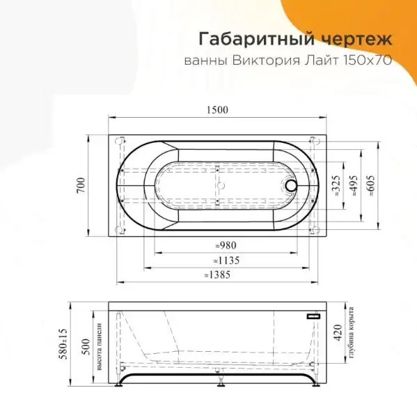 Ванна 1500x700 ВИКТОРИЯ лайт на каркасе с экраном