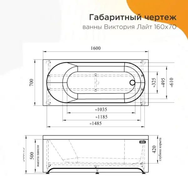Ванна 1600x700 ВИКТОРИЯ лайт на каркасе без экрана