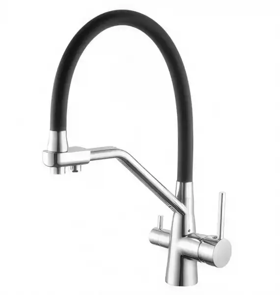Смеситель для кухни однорычажный, гибкий излив, с краном для пит.воды, Черный/хром (D159321) D-Lin
