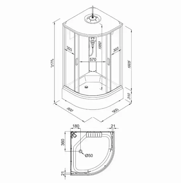 Душевая кабина 900х900 Лайн В, средний поддон (ДН4, 7 мест+сифон D50мм)