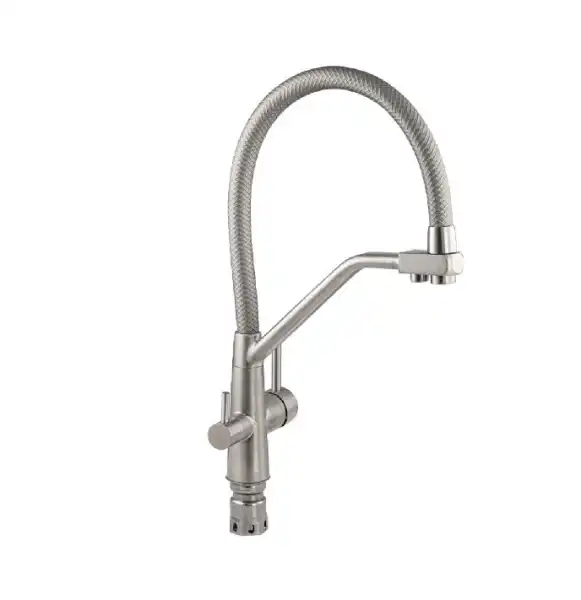 Смеситель для кухни однорычажный, гибкий излив,с краном для питьевой воды, сатин (91131) МАГНУС