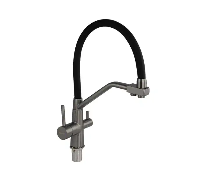 Смеситель для кухни однорычажный, гибкий излив,с краном для питьевой воды,черный (91113) MAGNUS